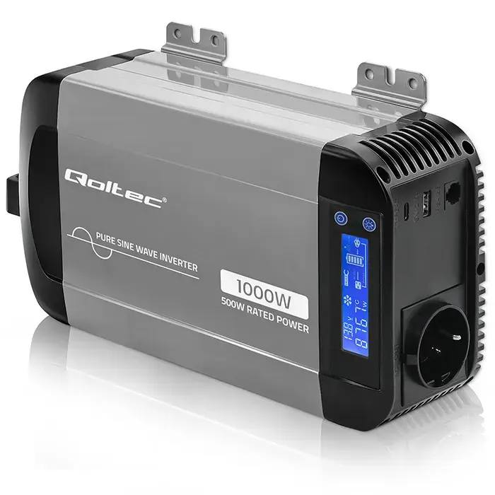 Qoltec Pure Sine Wave Inverter | 12V to 230V | 500/1000W | LCD | USB | USC-C | Compatible with LiFePO4 GEL AGM