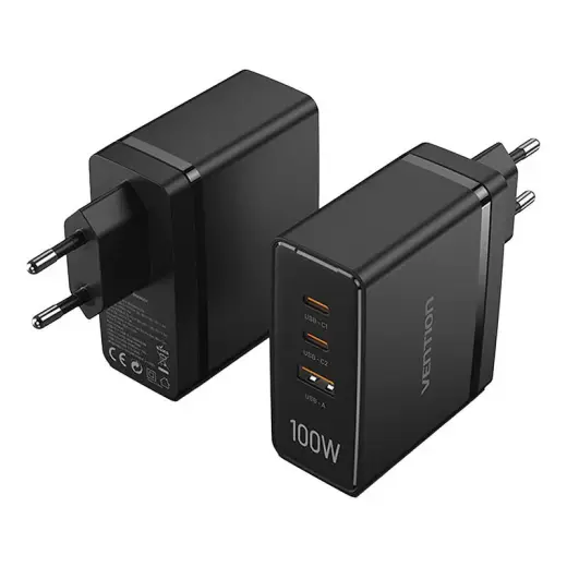 Vention FEGB0-EU tīkla lādētājs | 100W | GaN | USB-C | USB-C | USB-A | melns
