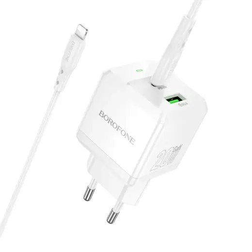 Borofone Wall charger  BN19 Intenso GaN - USB + Type C - PD 20W QC 3.0 3A with Type C to Lightning cable white