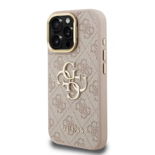 Guess PU 4G Metal Logo Stand Camera Frame phone case for iPhone 16 Pro Pink