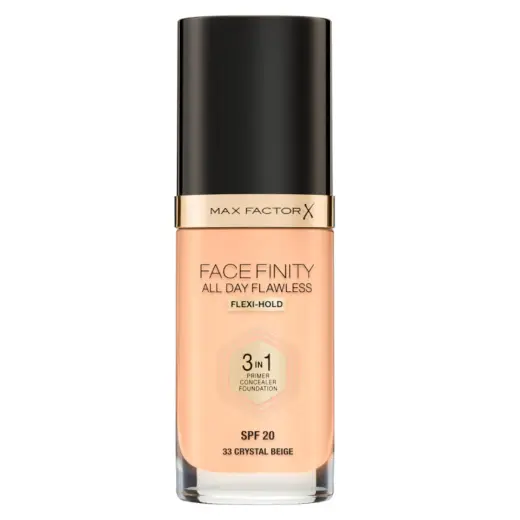 Max Factor, Facefinity All Day Flawless, Vegan, Matte, Primer, Concealer & Foundation 3-In-1, 33, Crystal Beige, SPF 20, 30 ml
