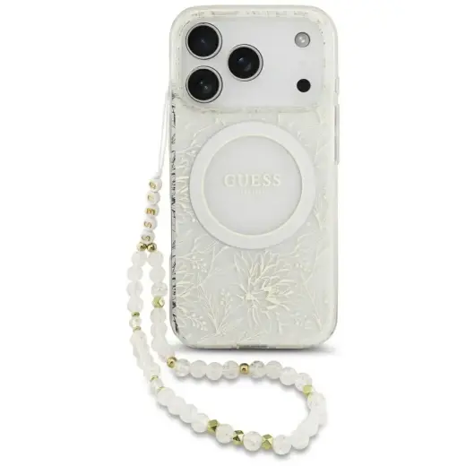 Guess IML Flowers Allover Strap MagSafe Case for iPhone 17 Pro White