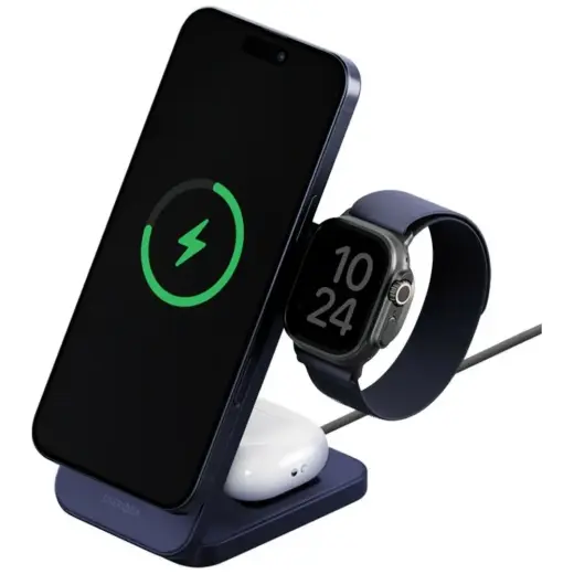 ENERGEA MagTrio 2 3-in-1 bezvadu lādētājs | Qi 2.2 | Saderīgs ar MagSafe | 25W | zils