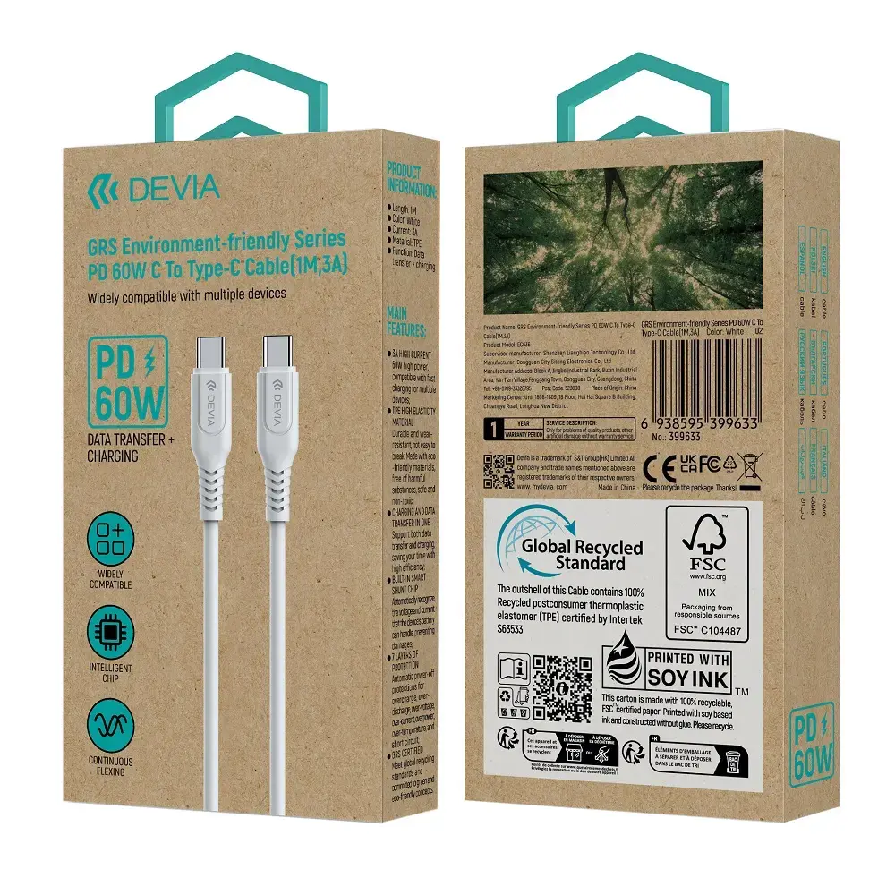Devia GRS EC636 data transfer and charging cable | USB-C to USB-C | 60W | 1m | white