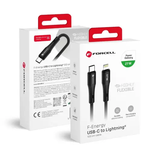 Forcell F-Energy C346 duomenų perdavimo ir įkrovimo laidas | USB-C į Lightning | PD | 27W | 1m | juodas