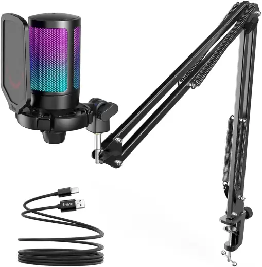 Fifine AmpliGame A6T RGB microphone for gaming | podcasts | streams | tripod | black