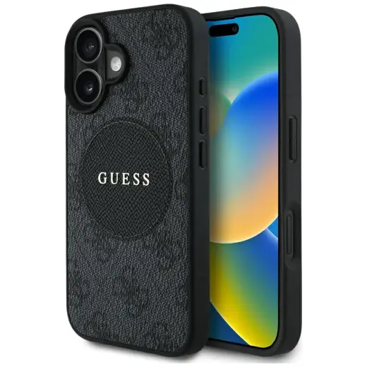 Guess Circle Classic Logo phone case for iPhone 16 black with MagSafe support