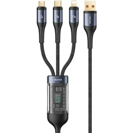 USAMS SJ582USB01 3-in-1 data transfer and charging cable | USB-A to Lightning, Micro USB, USB-C | 66W | with LED display | 1.2m | black