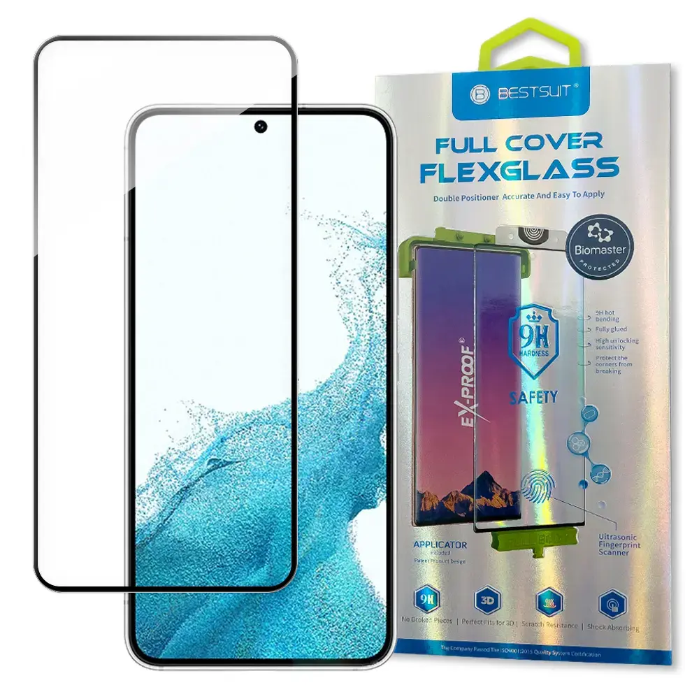 Bestsuit 3D Edge Nano Flexi Glass aizsargplēve telefona ekrānam Samsung Galaxy S22 (S901) ar uzstādīšanas rāmi