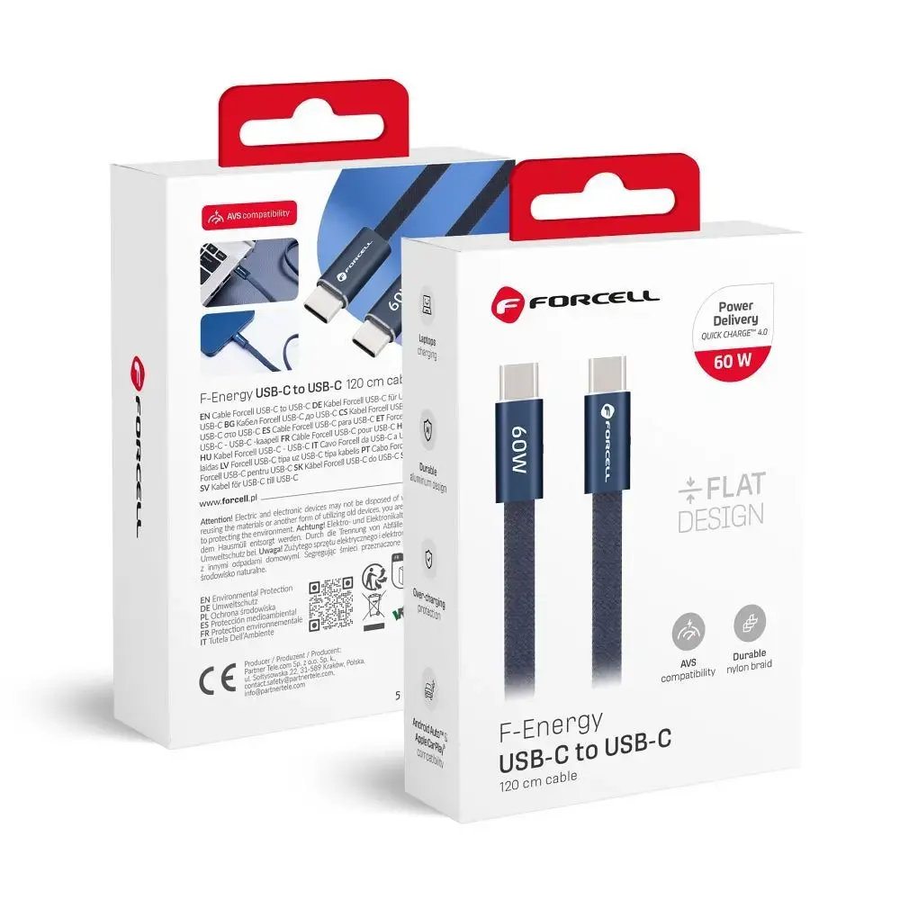 Forcell F-Energy Cafule Flat CCFN23 datu pārraides un uzlādes vads | USB-C uz USB-C | QC 4.0, PD | 60W | 1.2m | zils