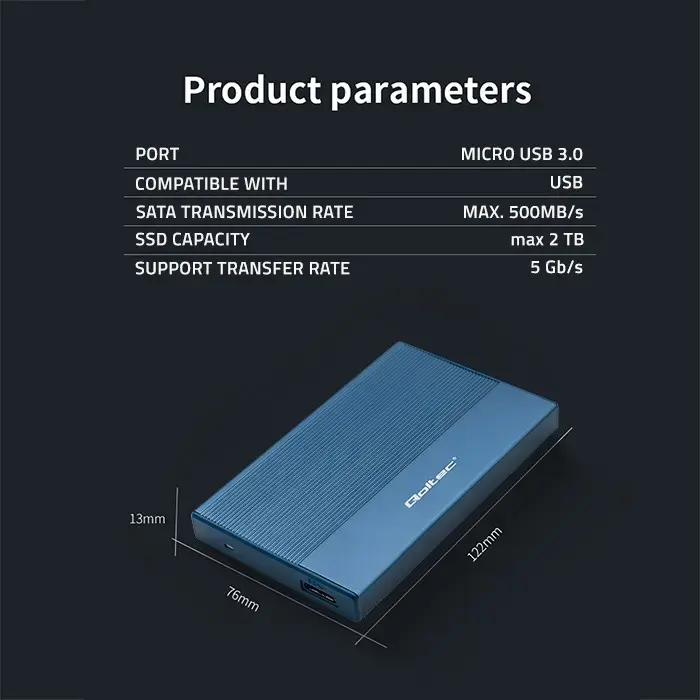 Qoltec Aluminium Enclosure | SSD HDD 2.5'' drive | SATA | USB 3.0 | Super speed 5Gb/s | 2TB | Blue