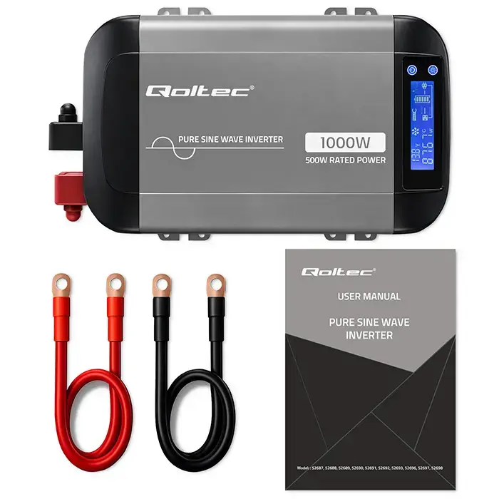 Qoltec Pure Sine Wave Inverter | 12V to 230V | 500/1000W | LCD | USB | USC-C | Compatible with LiFePO4 GEL AGM