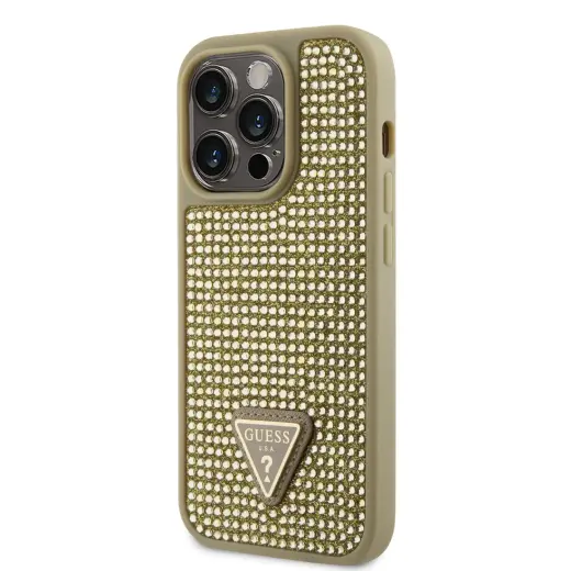 Guess Rhinestones Triangle Metal Logo Case for iPhone 15 Pro Gold