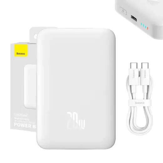 Baseus Magnetic Mini ārējais akumulators (powerbank) | 10000 mAh | 20W | USB-C, MagSafe | balts