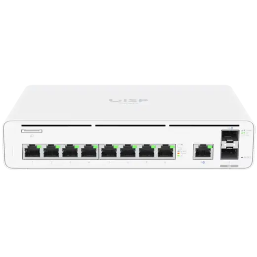 Ubiquiti UISP UISP-CONSOLE-EU 9x GbE RJ45 ports, 2x 10G SFP+ ports, Up to 8,500 Mbps NAT throughput, Additional Power TransPort input for DC redundancy, 1U rack or wall-mountable (kits included)