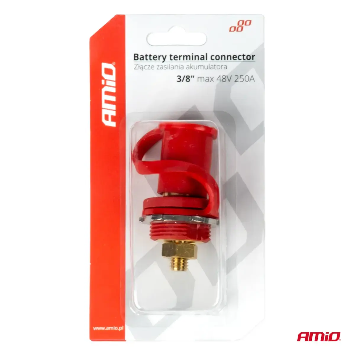 Red plus battery power connector with cap 3/8 M10 12V 24V 48V 250A AMIO-03814