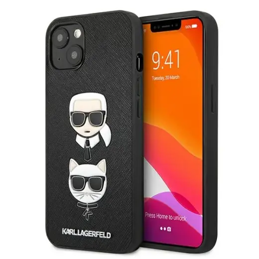KLHCP13MSAKICKCBK Karl Lagerfeld PU Saffiano Karl and Choupette Heads Case for iPhone 13 Black