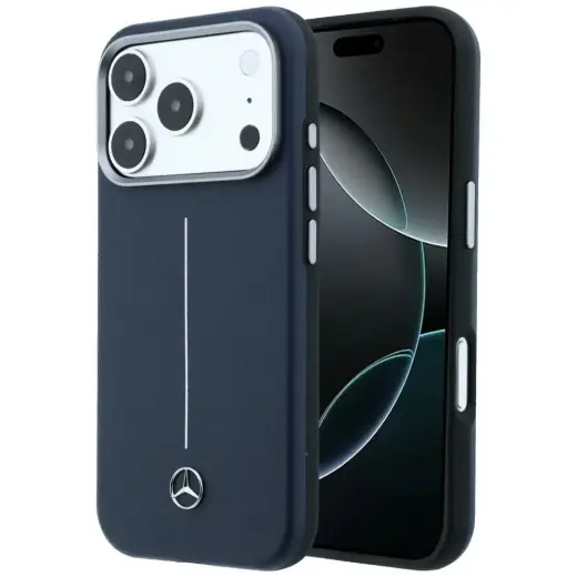 Mercedes Leather Semi Wrap Iconic Line maciņš ar MagSafe atbalstu telefonam iPhone 17 Pro tumši zils