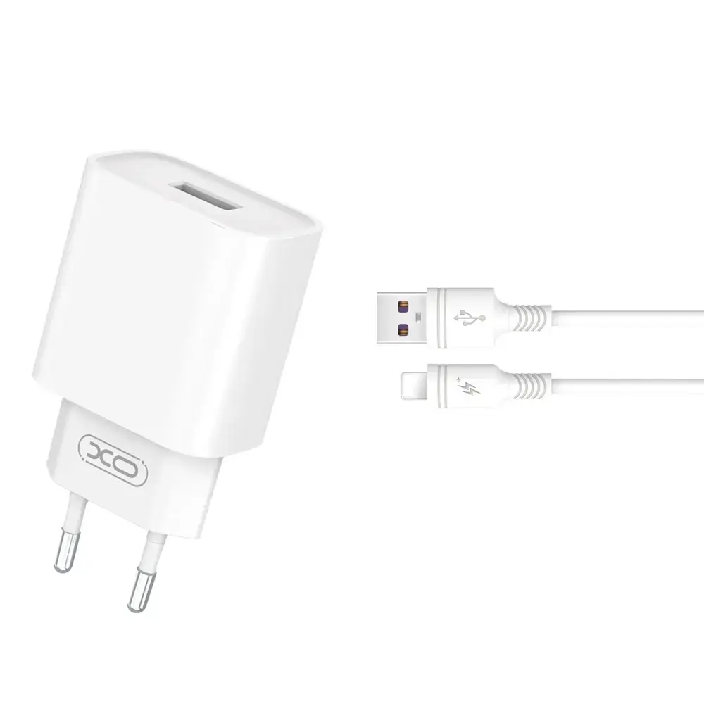 XO CE02D tīkla lādētājs | 18W | QC | USB-A | ar USB-A uz Lightning vadu komplektā | balts