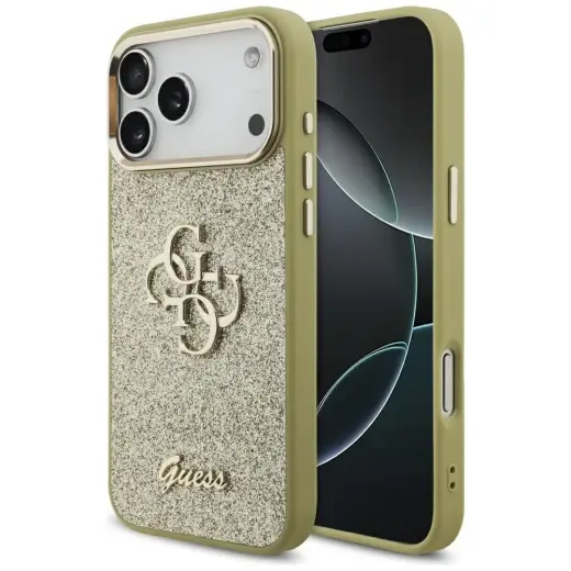 Guess Fixed Glitter Big 4G Metal Frame чехол для телефона iPhone 17 Pro Max золотой