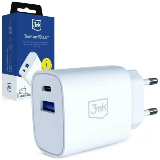 3MK FlowPower tīkla lādētājs | 30W | PD, QC | USB-A, USB-C | balts