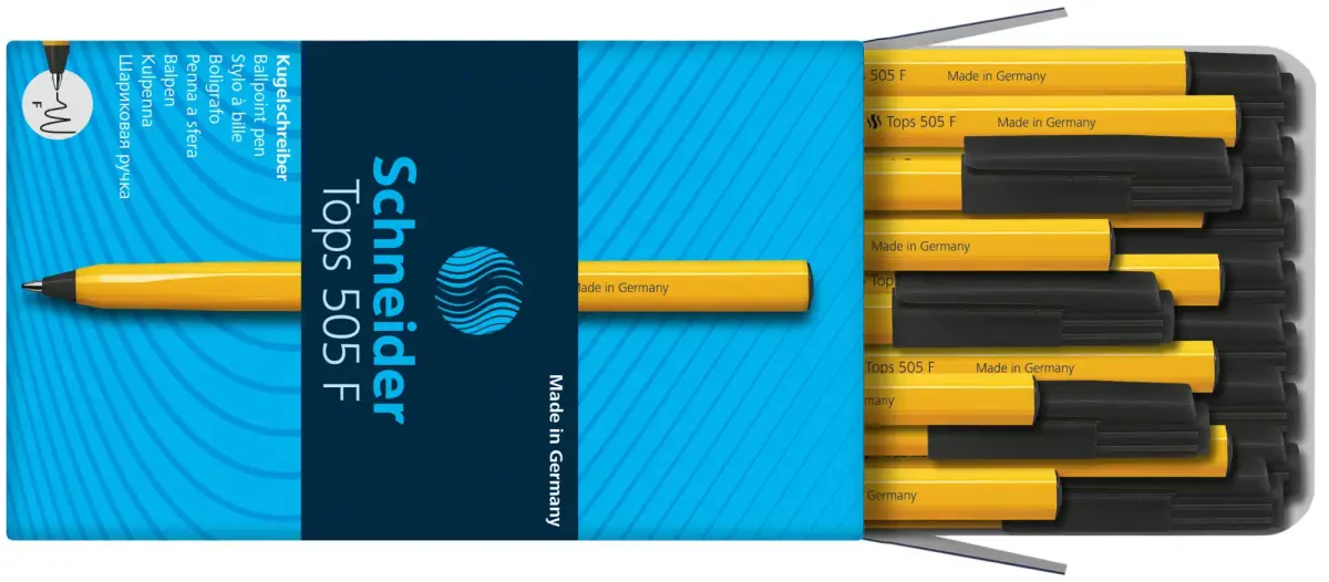 Lodīšu pildspalva SCHNEIDER 505 F 0.7mm, dzeltens korpuss, melna tinte