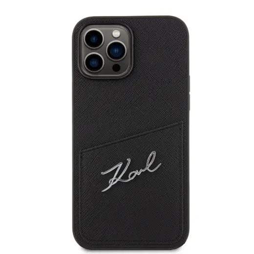 Karl Lagerfeld Saffiano Card Slot Metal Signature Case for iPhone 14 Pro Max Black