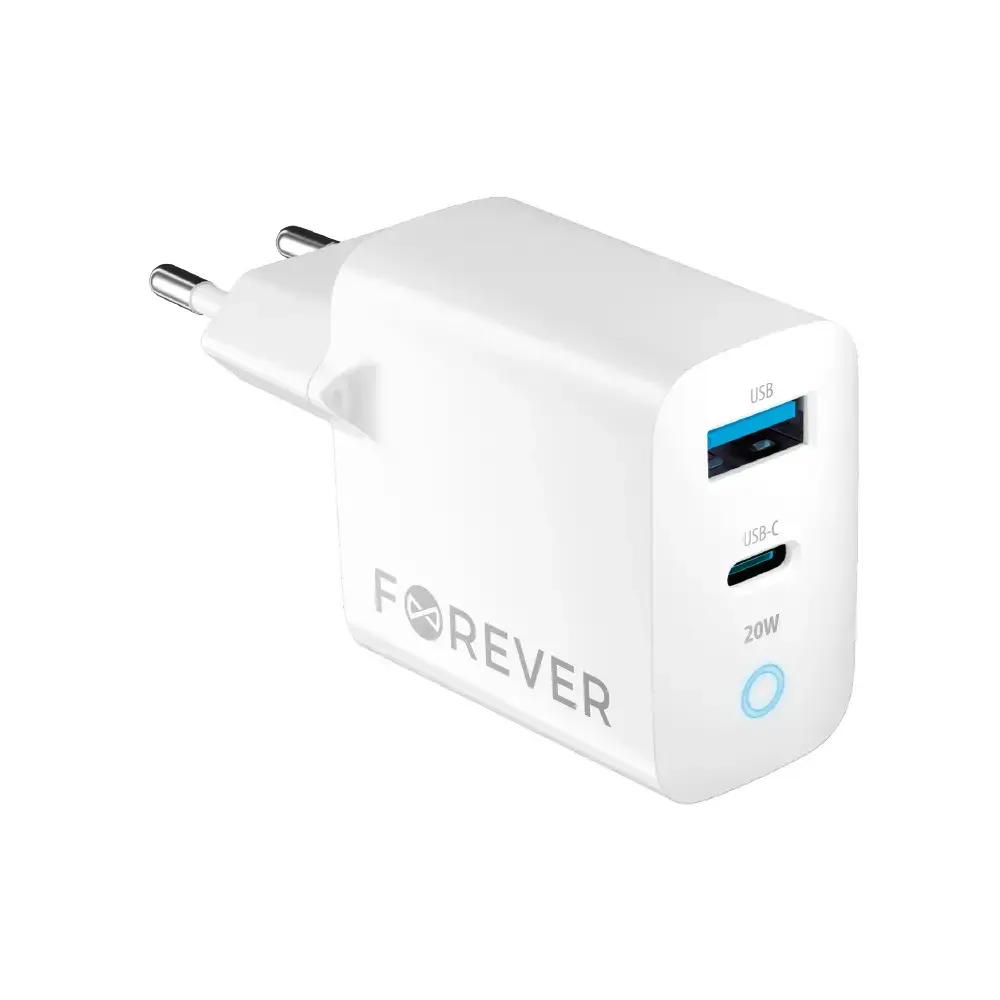 Forever TC-06-20AC tīkla lādētājs | 20W | PD, QC | USB-C, USB-A | balts