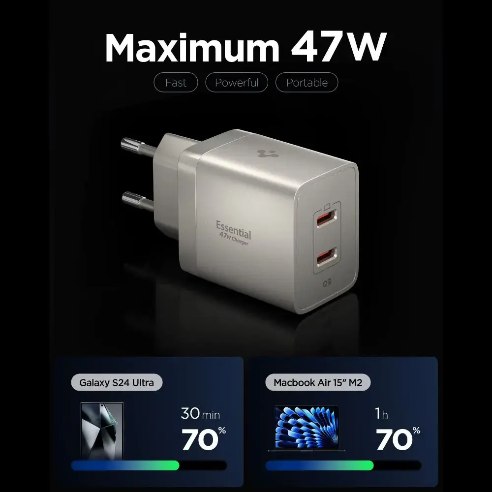 Spigen EE472EU-GAN tīkla lādētājs | 47W | GaN | USB-C, USB-A | pelēks