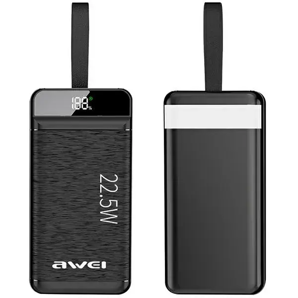 AWEI PowerBank P140K 30000mAh 22.5W czarny|black 3xUSB|PD|Lightning wyświetlacz + lampka LED