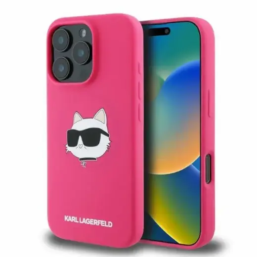 Original Pouch KARL LAGERFELD hardcase Silicone Choupette Head Print MagSafe KLHMP16XSCHPPLF  for Iphone 16 Pro Max fuschia