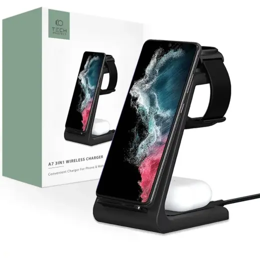 Tech-Protect A7 10W inductive charger in the form of a 3-in-1 stand for smartphone | headphones | smartwatch - black