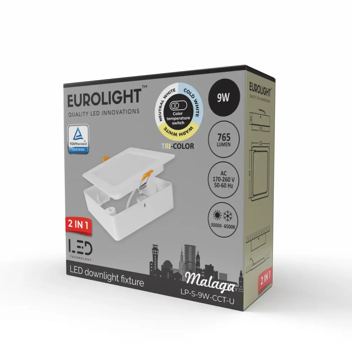 MALAGA LED panelė, kvadratinė, universali 9W 85lm/W CRI80+ CCT Eurolight