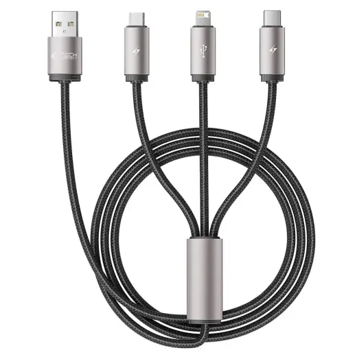 Tech-Protect UltraBoost 3-in-1 datu pārraides un uzlādes vads | USB-A uz USB-C, Lightning, Micro USB | 17.5W | 1m | pelēks