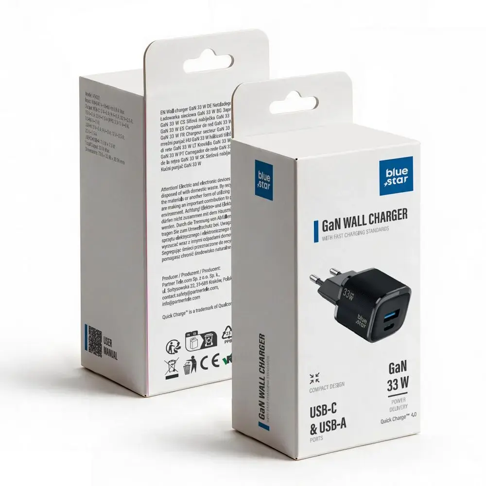 Blue Star Nano VT-332 travel charger | 33W | PD, QC, GaN | USB-C, USB-A | black