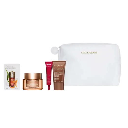 Extra Firming Collection Set Clarins: Extra-Firming, Collagen, Firming, Day, Cream, For Face, 50 ml + Extra-Firming, Collagen, Firming, Night, Cream, For Face, 15 ml + Total Eye, Lift, Eye Serum, 7 ml + Double Serum, Bi-Phase, Daily, Serum, For Face, 0.9 ml *Sample + Clarins, Zippered, GWP Textile Pouch, White