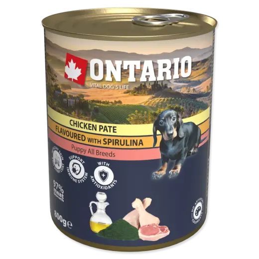 Konservi kucēniem : Ontario Dog Puppy Chicken Pate, Spirulina, Salmon oil 800g