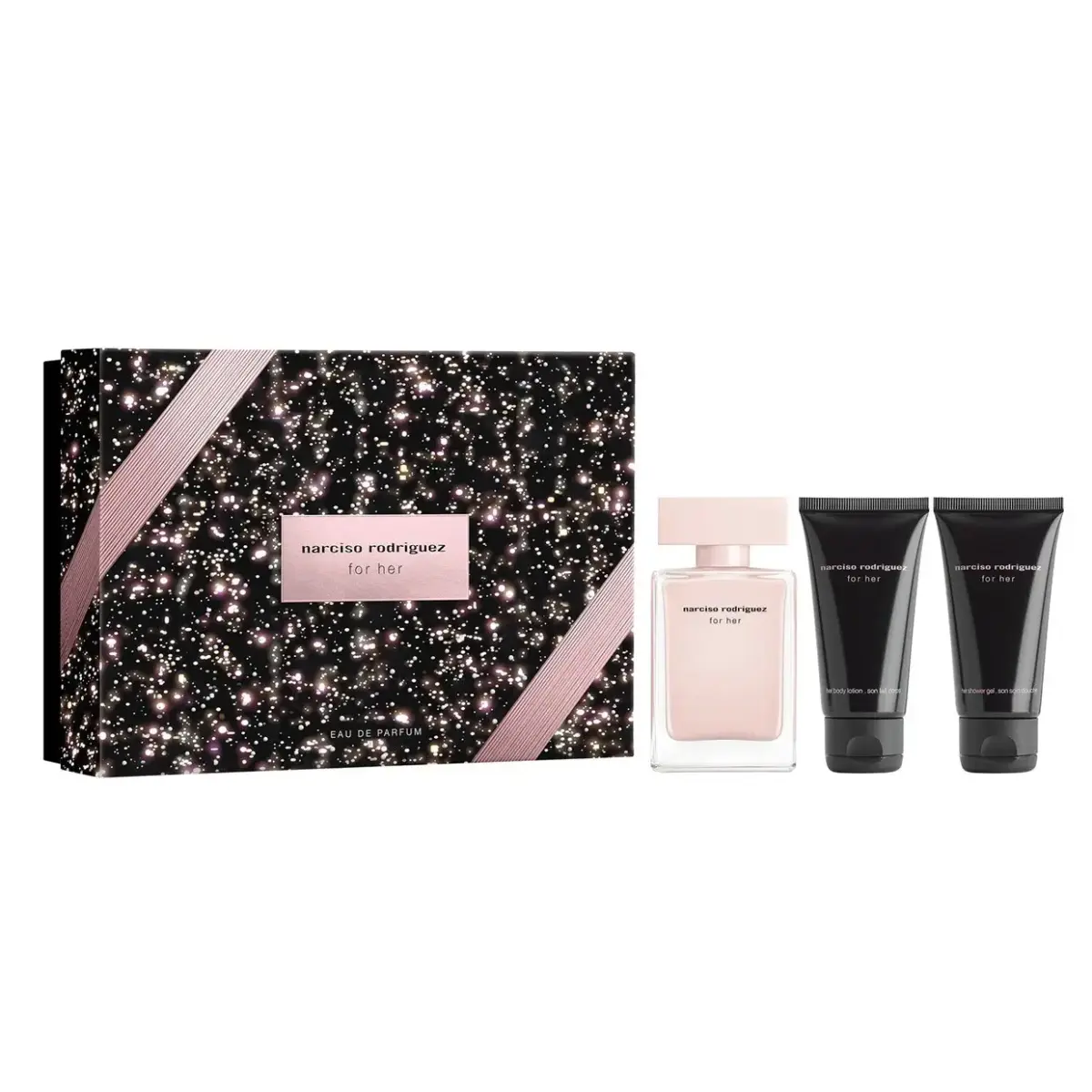 Narciso Rodriguez komplektas: For Her, kvapusis vanduo, naistele, 50 ml + For Her, niisutav kehakreem, 50 ml + For Her, puhastav dušigeel, kogu kehale, kõikidele nahatüüpidele, 50 ml