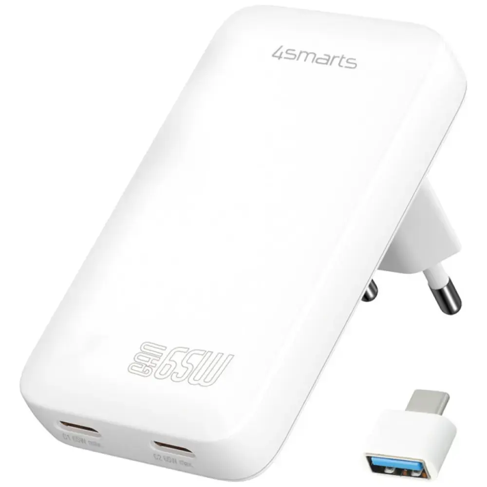 4smarts FlatPlug Slim Dual tīkla lādētājs | 65W | GaN | USB-C | balts