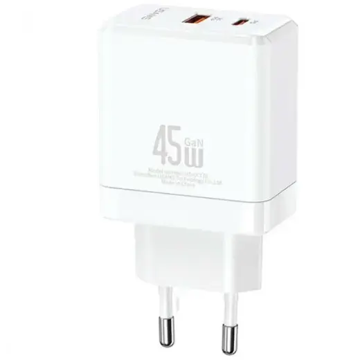USAMS CC178TC02 зарядное устройство | 45W | GaN, PD3.0, QC3.0 | USB-C, USB-A | белое
