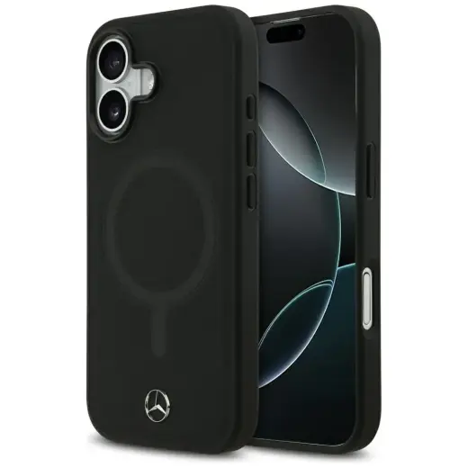 Mercedes Plain Smooth Leather telefono dėklas su MagSafe palaikymu, skirtas iPhone 17, juodas