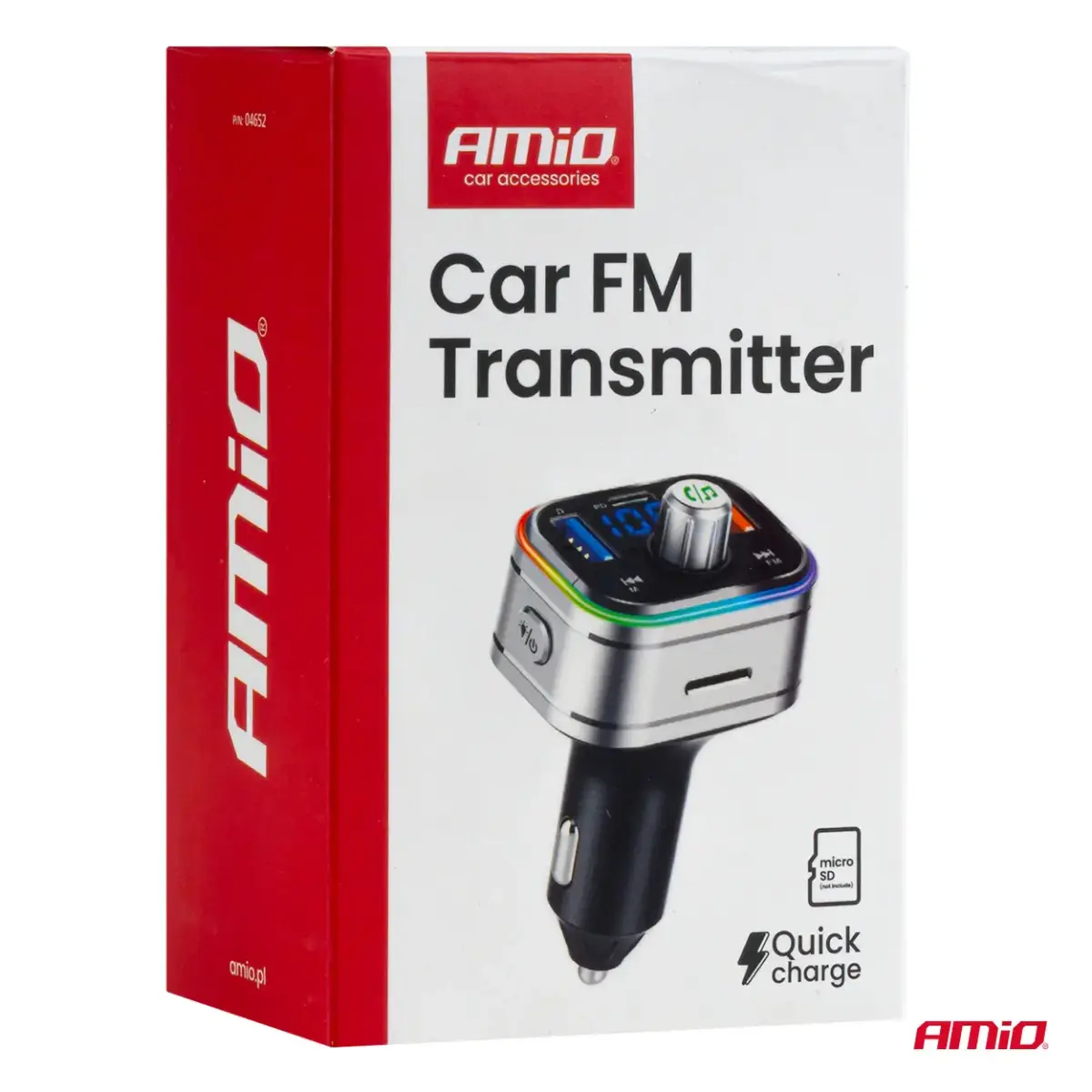 Car FM Transmitter 1×USB-C microSD 12V 24V AMIO-04652