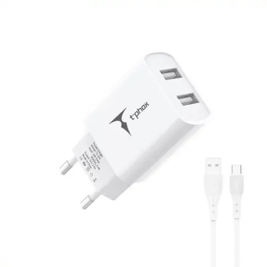 Зарядное устройство T-Phox Pocket Series TCC-224 | 12W | USB-A, USB-C | с кабелем USB-A на USB-C в комплекте | белое