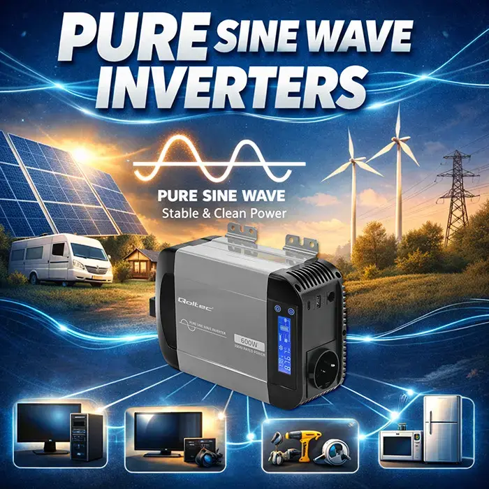 Qoltec Pure Sine Wave Inverter | 12V to 230V | 300/600W | LCD | USB | USC-C | Compatible with LiFePO4 GEL AGM
