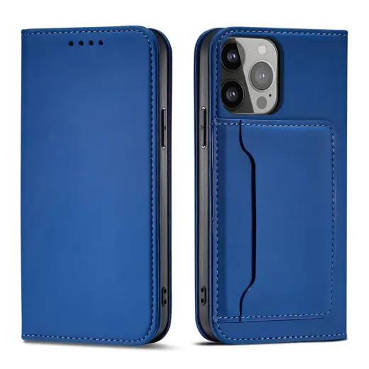 Magnet Card Case knyginio tipo telefono dėklas su stovu iPhone 14 Pro mėlynas