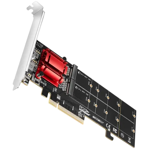 Axagon PCEM2-ND PCIE 2X NVME M.2 CONTROLLERPCI-Express x8 internal controller for connecting two NVMe M.2 SSD disks to a computer. Supports main boards without PCIe Bifurcation.