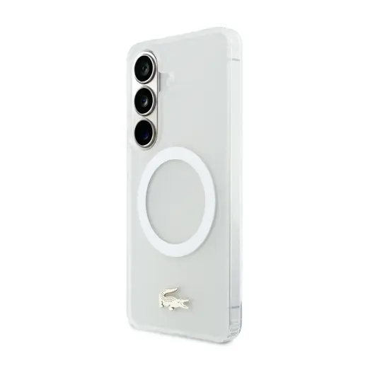 Lacoste Frosted Finish Gold Logo telefono dėklas su MagSafe palaikymu Samsung Galaxy S26 (S942) baltas