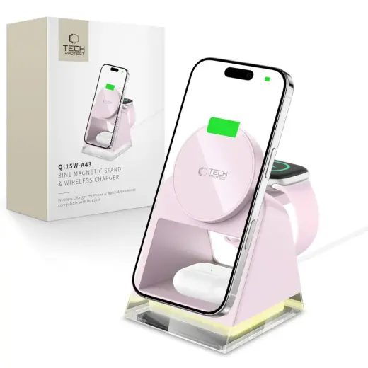 Tech-Protect QI15W-A43 3-in-1 belaidis įkroviklis | Qi | Suderinama su MagSafe | 23W | rožinis