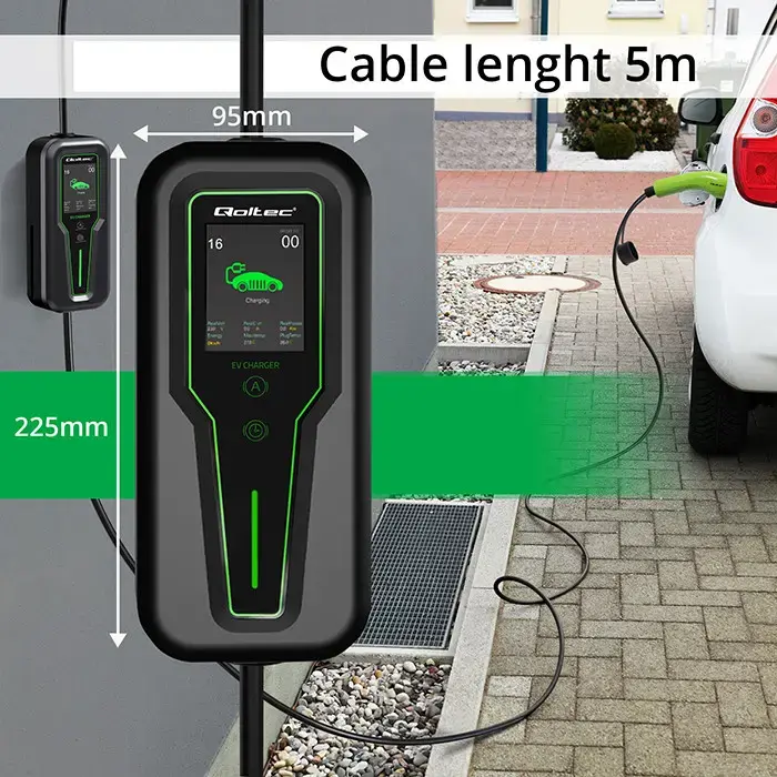 Qoltec Mobile charger for EV 2-in-1 Type2 with regulation | 3.5kW | 230V | SCHUKO 16A | LCD | Portable | Wallbox | 5m