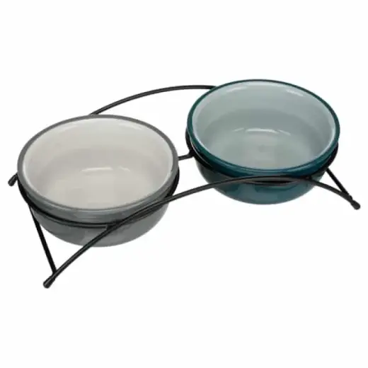 Paliktnis ar bļodām : Trixie Bowl set, ceramic/metal, 2×0.6 l/ø 15 cm/32×9×16 cm